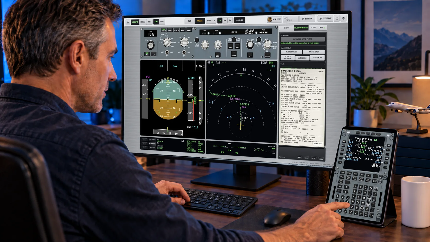 Pilot am Schreibtisch mit dem A330 Procedure Trainer auf einem großen Monitor und der MCDU auf einem iPad mini