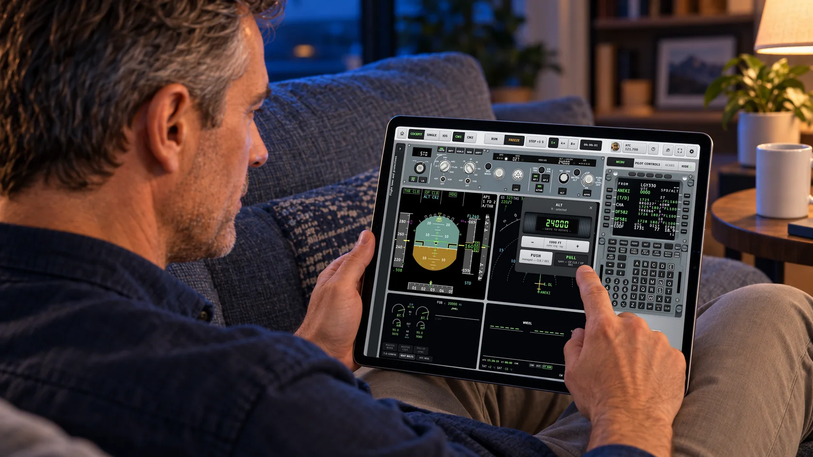 A pilot on a couch with a 13-inch iPad running the A330 Procedure Trainer, selecting an altitude and pulling for OPEN CLIMB