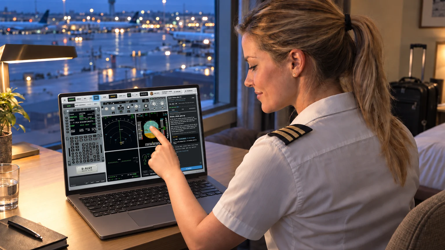 A first officer at a hotel desk on a layover, tapping the PFD on a touch laptop running the trainer in the CM2 seat
