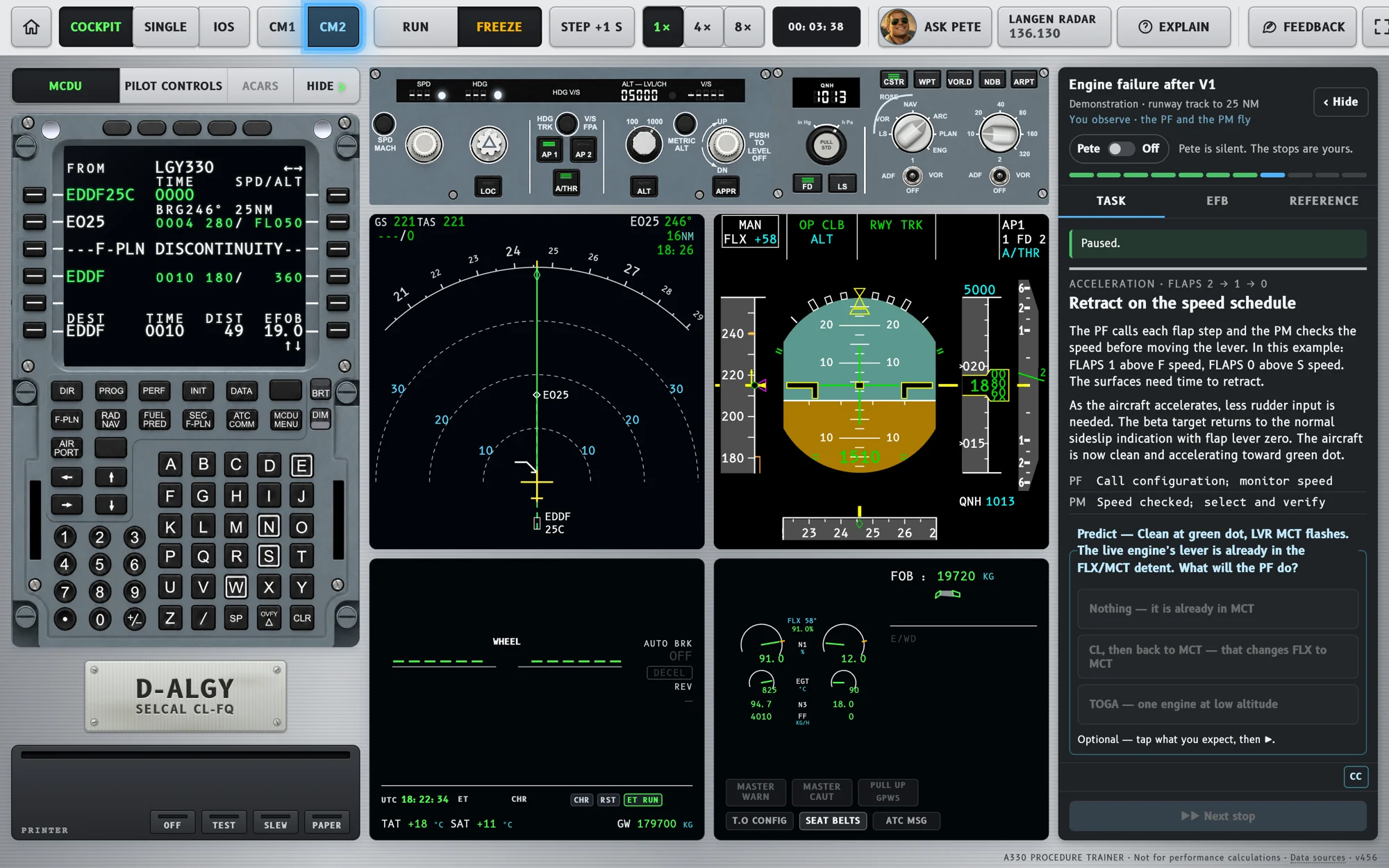 The trainer in the first officer seat with LVR MCT flashing on the FMA