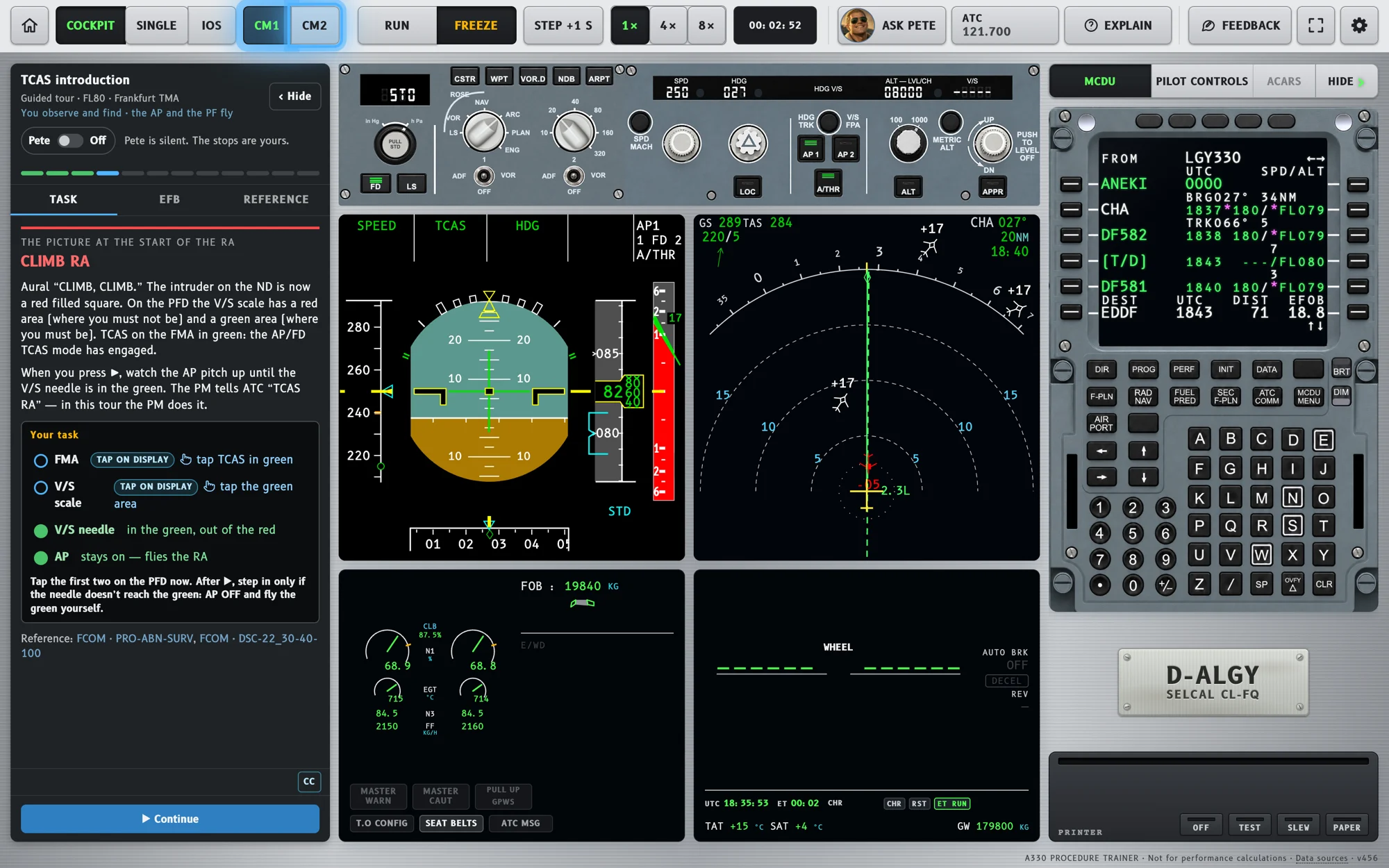 A climb resolution advisory in the TCAS lesson with the task to tap the TCAS mode on the FMA