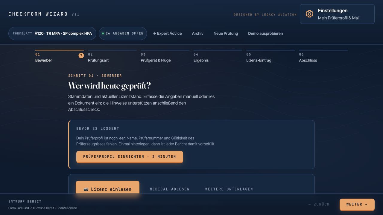 CheckForm Wizard mit sechs Schritten für den Prüferbericht und dem Einstieg zur Lizenzerfassung