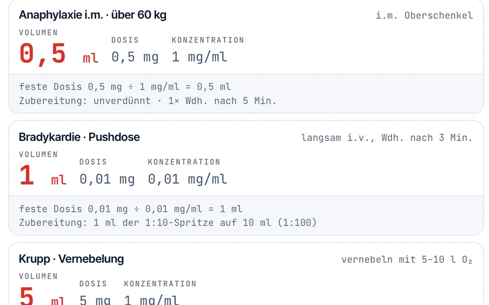 QRH Med: Adrenalin-Dosen und Volumen für einen 75-kg-Patienten