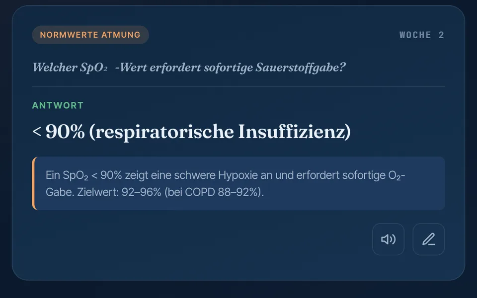 RettSan Learning: aufgedeckte Lernkarte zu Normwerten der Atmung mit Bewertungsstufen