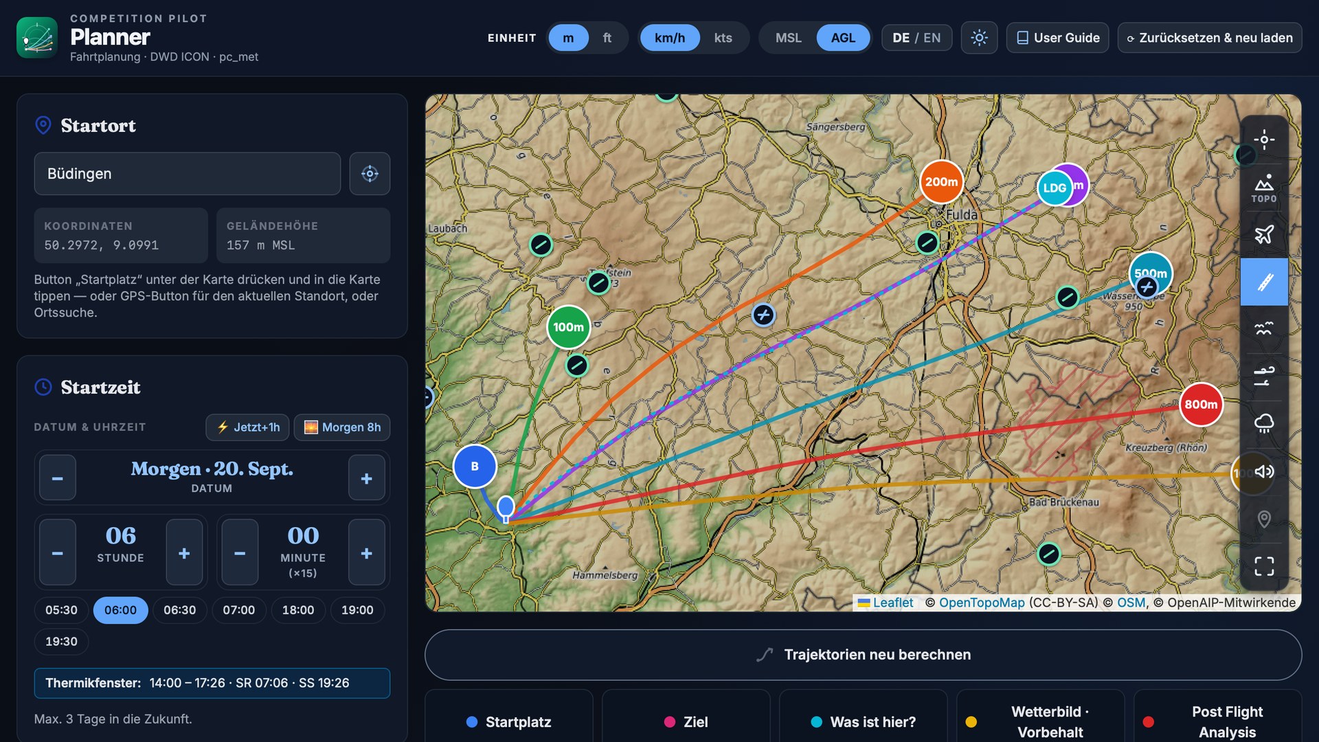 Competition Pilot Planner mit Höhen-Trajektorien ab Büdingen, Thermikfenster und Wetterbild